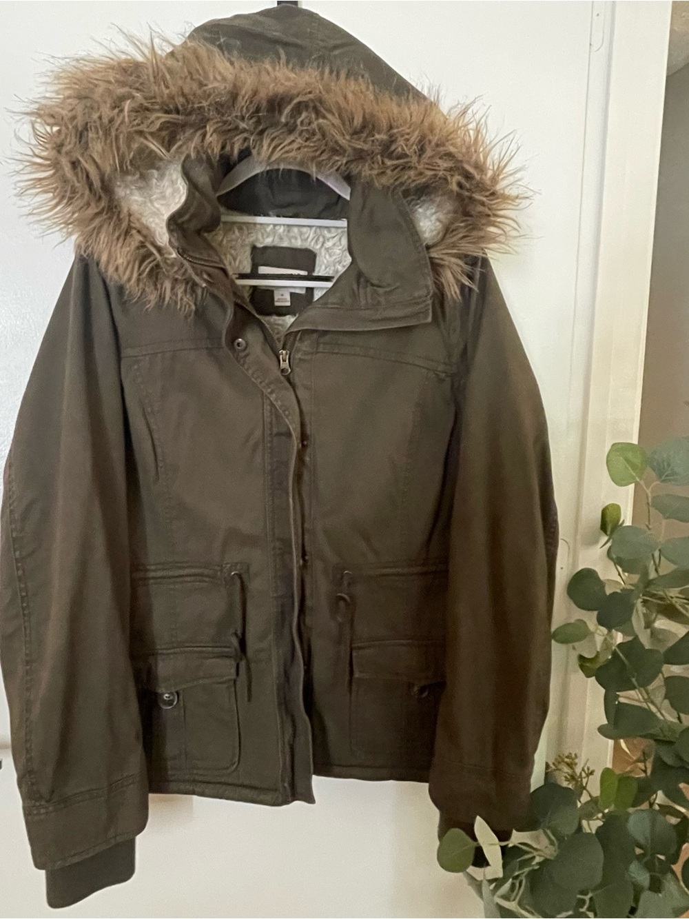 Arizona Jean Company Olive Brown Hooded Parka with Faux Fur Trim